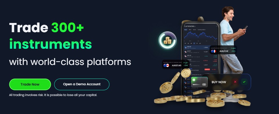 T4Trade promotional banner featuring a person holding a smartphone displaying trading charts, with gold coins in the foreground and text promoting 300+ instruments and trading platforms