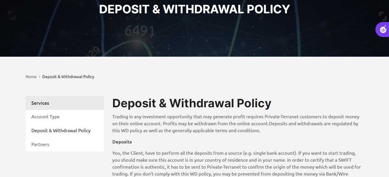 Private Terranet deposit withdrawal policy